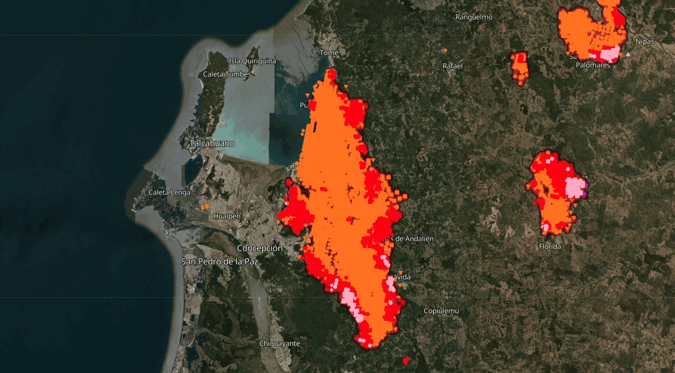 A screenshot from the GWIS Current Situation Viewer, showing burned areas and active fires over the past seven days in central Chile.&nbsp;